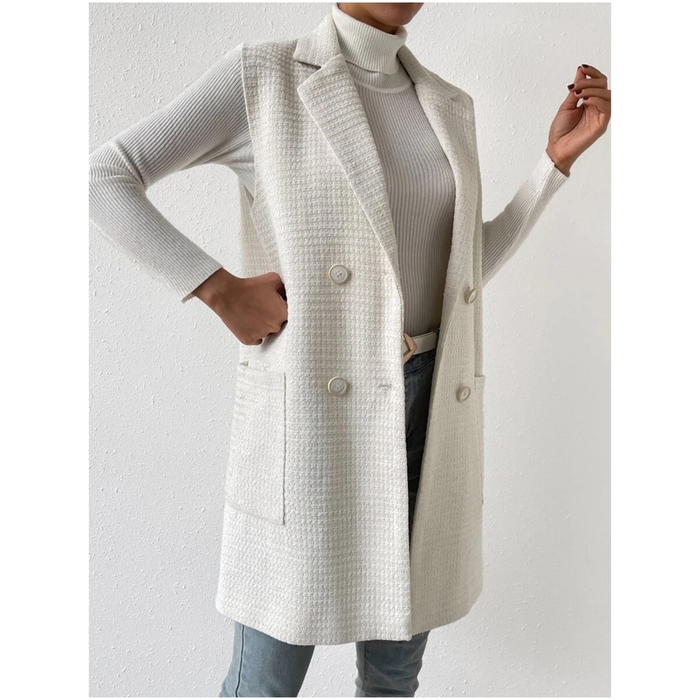 Classic Button up Double Breasted Textured Long Blazer Jacket - Picture 4 of 4